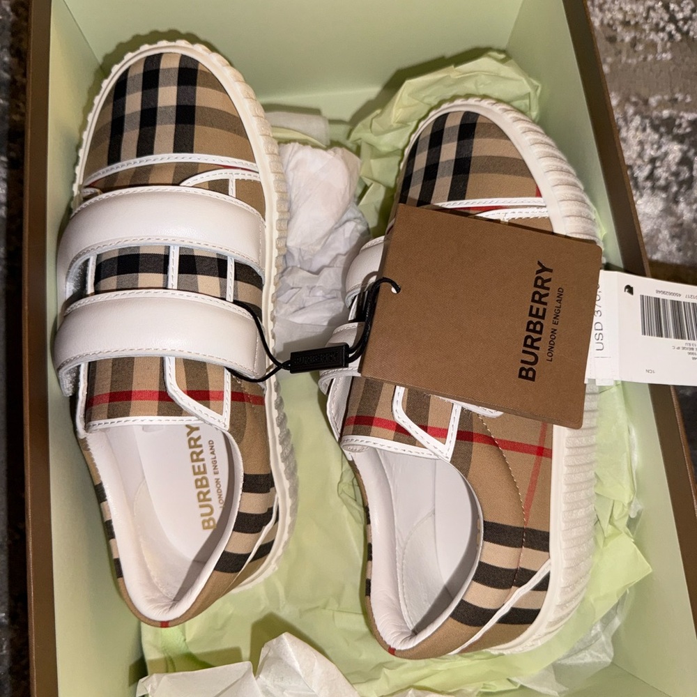 Burberry Kids Sneakers - White, Black, and Tan Plaid